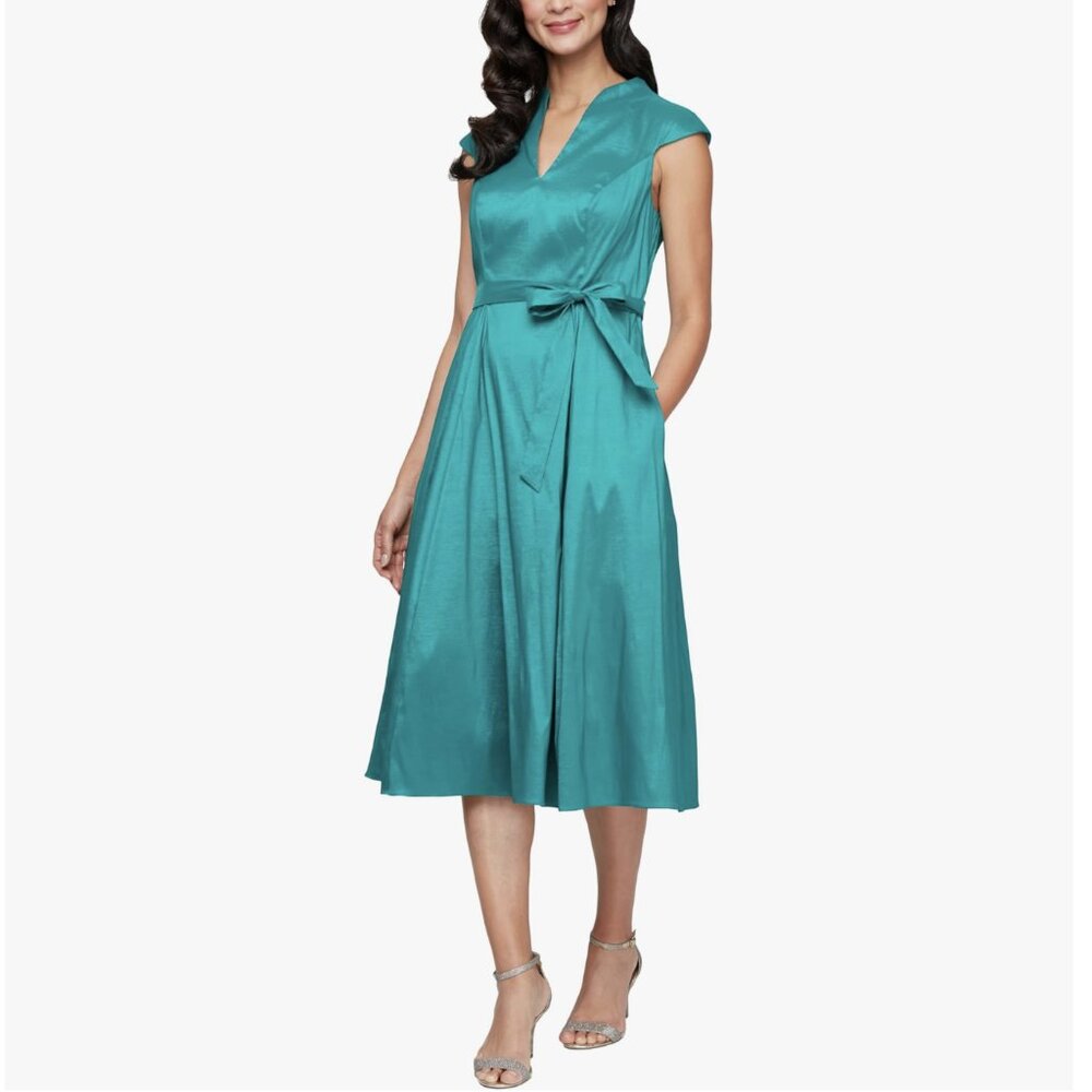 Alex Evenings Stretch Taffeta Wedding Guest Dress Full Skirt, Pockets, Tie Belt